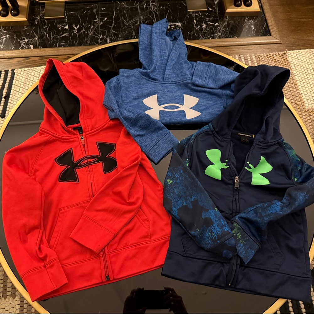 3 USED Under Armour Kids zip-up Hoodie sweatshirts (Red, Blue, & Navy) -Size 4-5